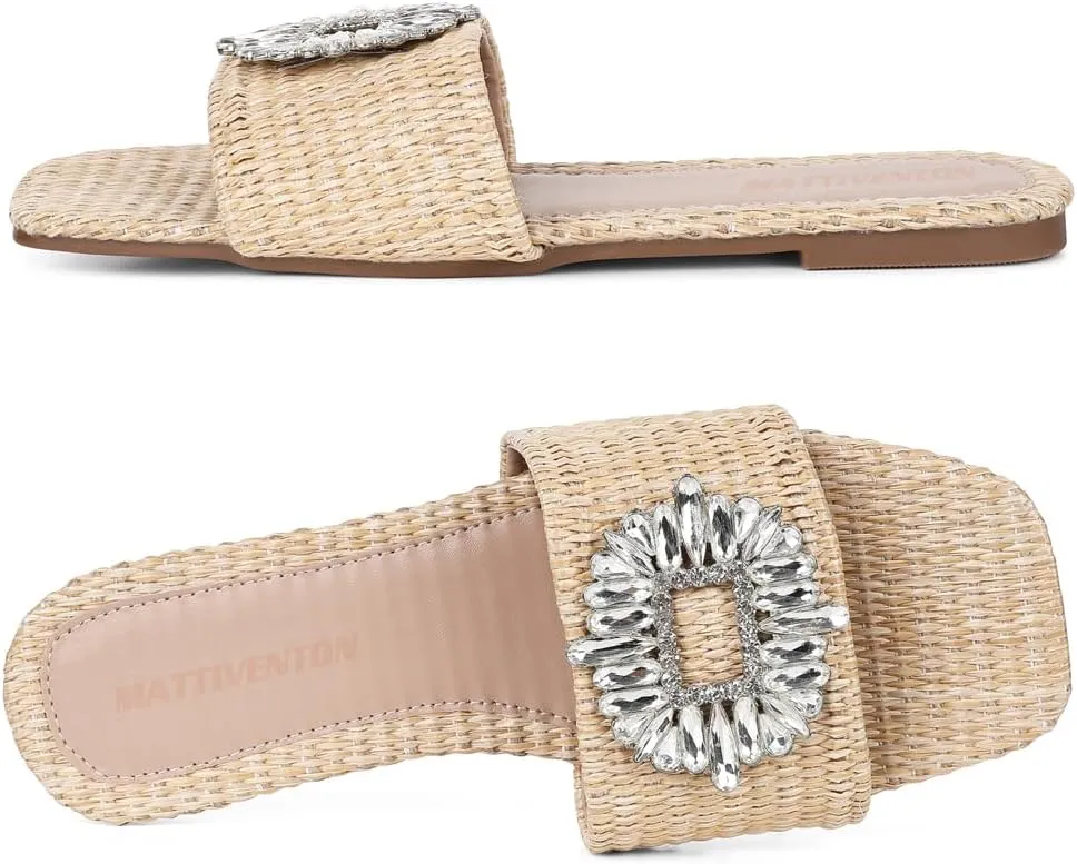 Mattiventon Flat Straw Slides For Women Dressy Sandals Woven Nude Sandals Raffia Open Toe Summer Beach Sandals