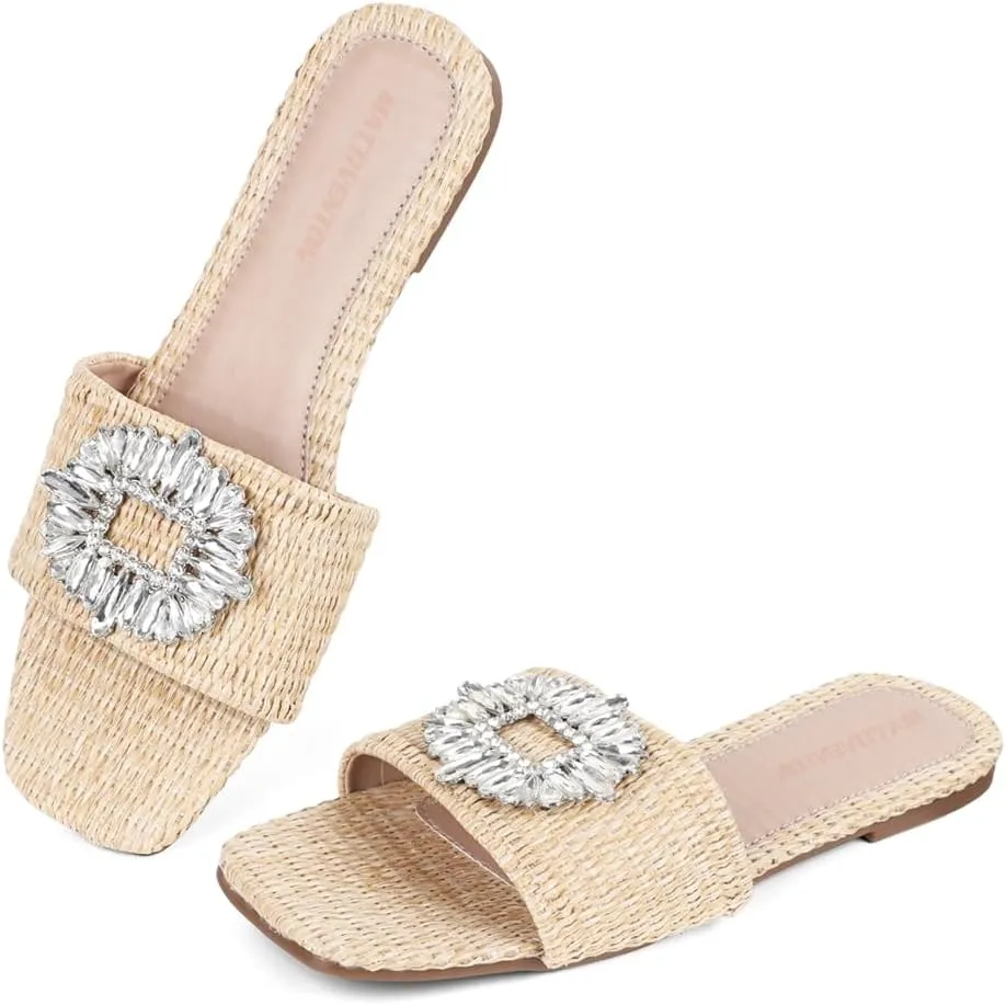 Mattiventon Flat Straw Slides For Women Dressy Sandals Woven Nude Sandals Raffia Open Toe Summer Beach Sandals