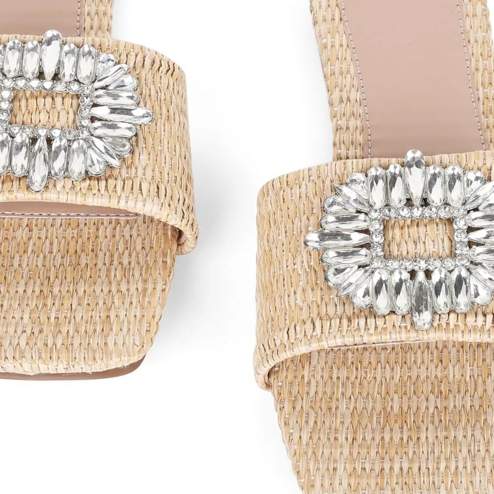Mattiventon Flat Straw Slides For Women Dressy Sandals Woven Nude Sandals Raffia Open Toe Summer Beach Sandals