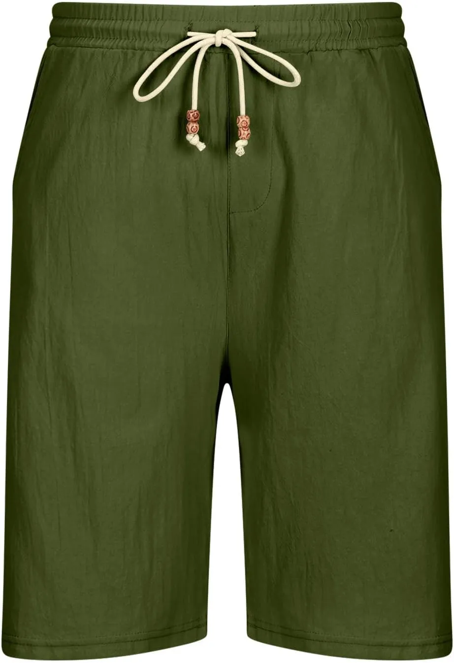 Men Linen Shorts Elastic Waist Drawstring Cotton Linen Shorts with Pockets Loose Fit Outdoor Summer Beach Shorts