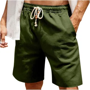 Men Linen Shorts Elastic Waist Drawstring Cotton Linen Shorts with Pockets Loose Fit Outdoor Summer Beach Shorts