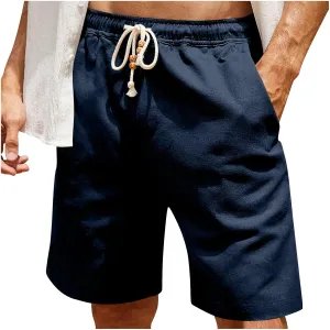 Men Linen Shorts Elastic Waist Drawstring Cotton Linen Shorts with Pockets Loose Fit Outdoor Summer Beach Shorts