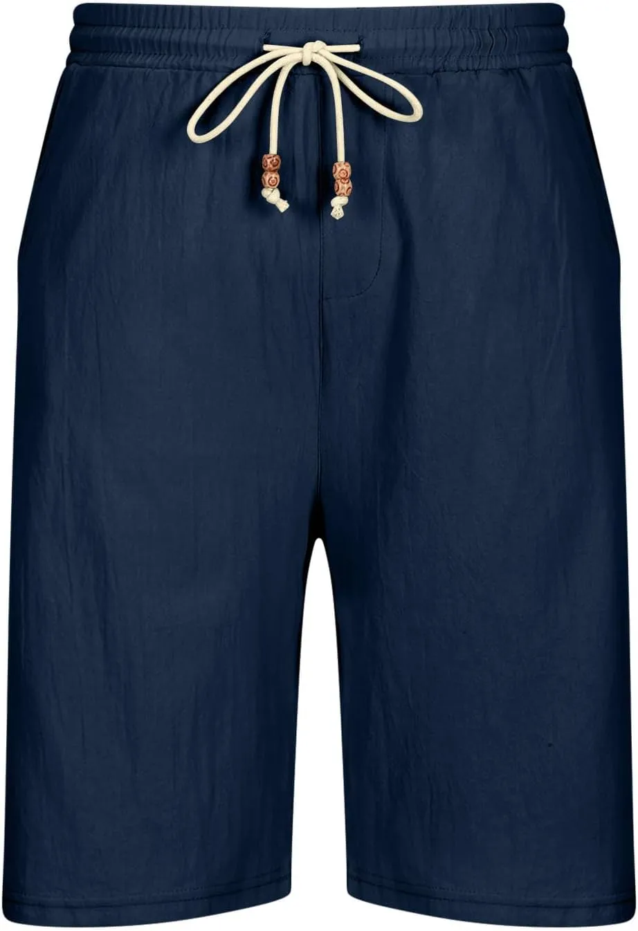 Men Linen Shorts Elastic Waist Drawstring Cotton Linen Shorts with Pockets Loose Fit Outdoor Summer Beach Shorts