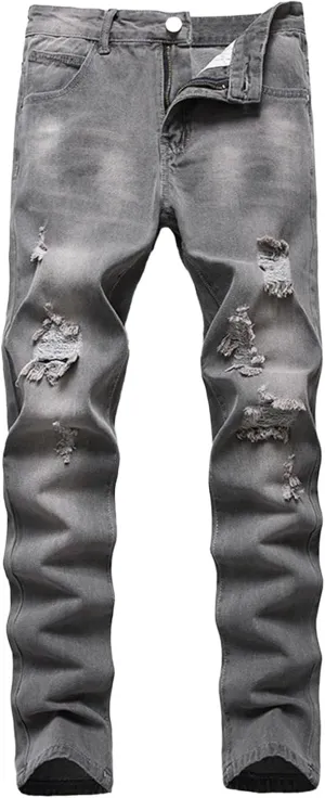 Men Ripped Jeans, Slim Fit Straight Leg, Denim Pants with Holes Comforable Wash Elastic Trend Outdoors Denim Trousers