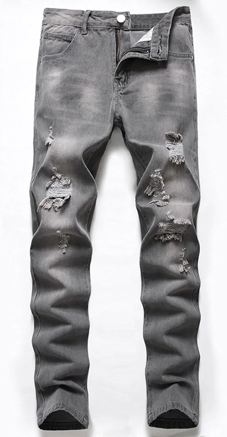 Men Ripped Jeans, Slim Fit Straight Leg, Denim Pants with Holes Comforable Wash Elastic Trend Outdoors Denim Trousers