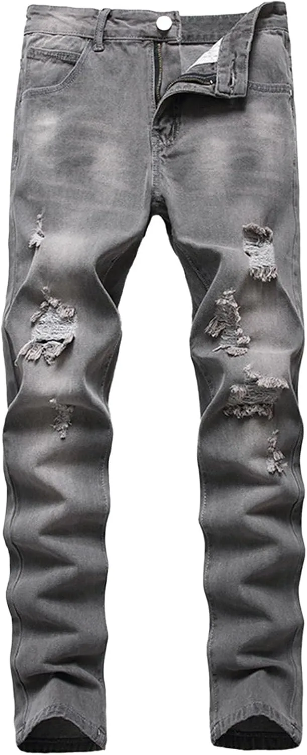 Men Ripped Jeans, Slim Fit Straight Leg, Denim Pants with Holes Comforable Wash Elastic Trend Outdoors Denim Trousers