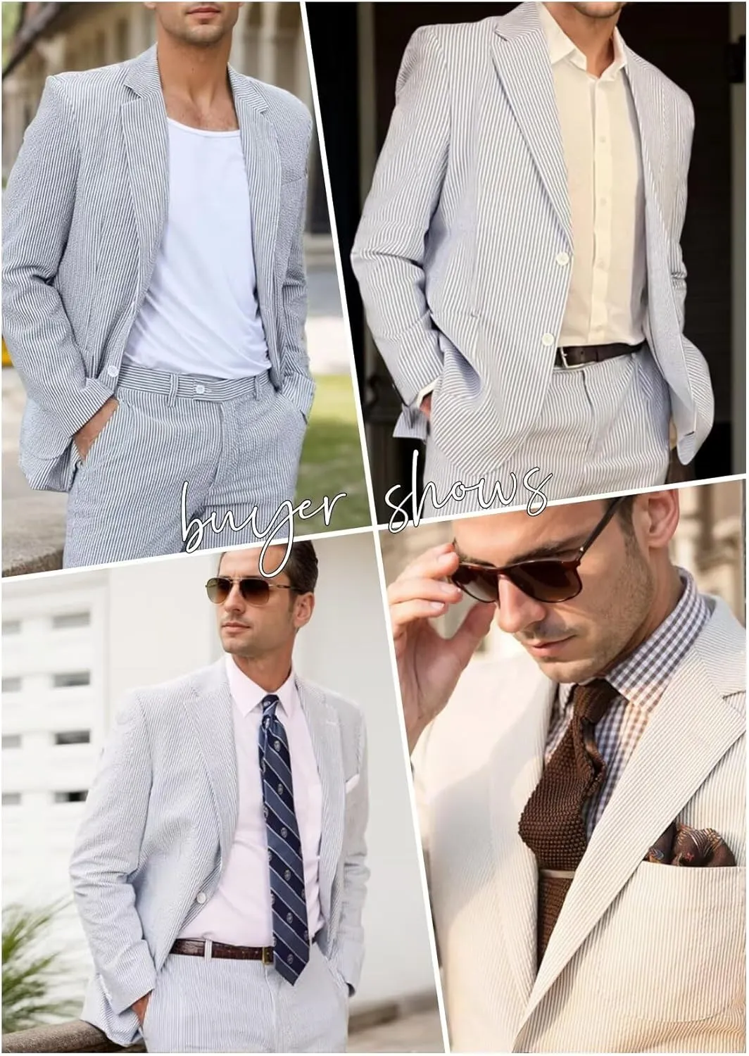 Mens 2 Piece Summer Seersucker Suits Grooms Slim Fit Casual Sear Sucker Suit for Party