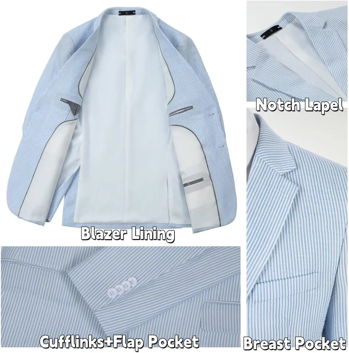 Mens 2 Piece Summer Seersucker Suits Grooms Slim Fit Casual Sear Sucker Suit for Party