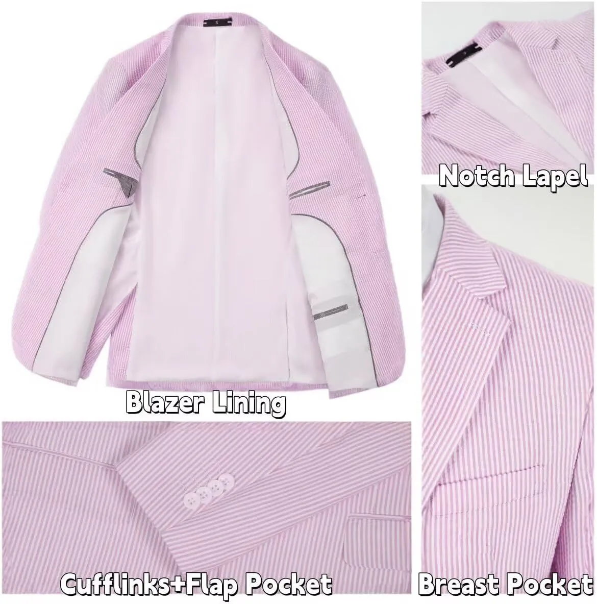 Mens 2 Piece Summer Seersucker Suits Grooms Slim Fit Casual Sear Sucker Suit for Party