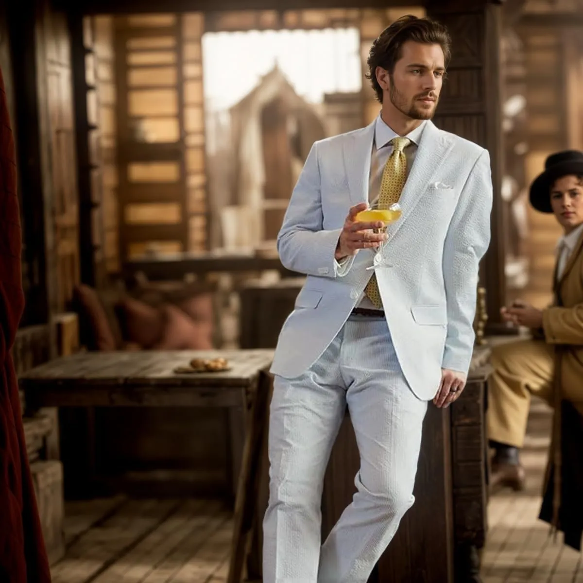 Mens 2 Piece Summer Seersucker Suits Grooms Slim Fit Casual Sear Sucker Suit for Party