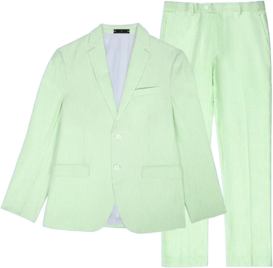 Mens 2 Piece Summer Seersucker Suits Grooms Slim Fit Casual Sear Sucker Suit for Party