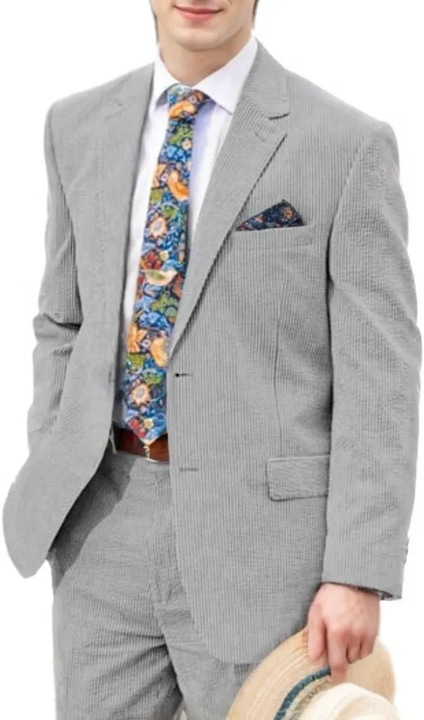 Mens 2 Piece Summer Seersucker Suits Grooms Slim Fit Casual Sear Sucker Suit for Party