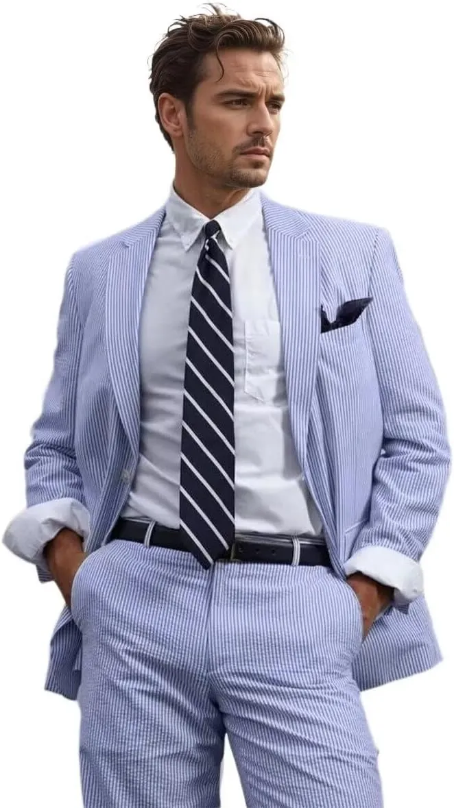 Mens 2 Piece Summer Seersucker Suits Grooms Slim Fit Casual Sear Sucker Suit for Party