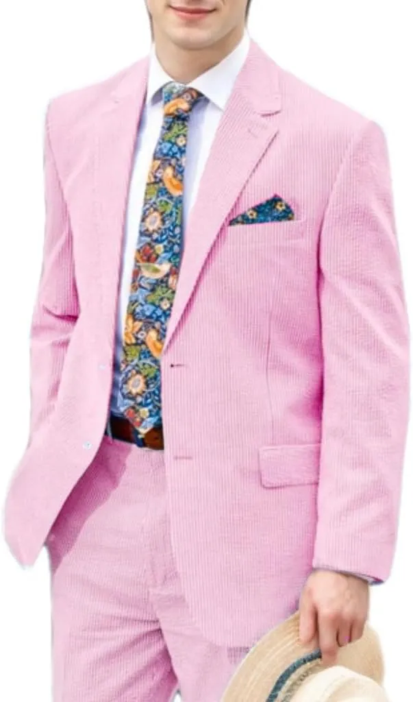 Mens 2 Piece Summer Seersucker Suits Grooms Slim Fit Casual Sear Sucker Suit for Party