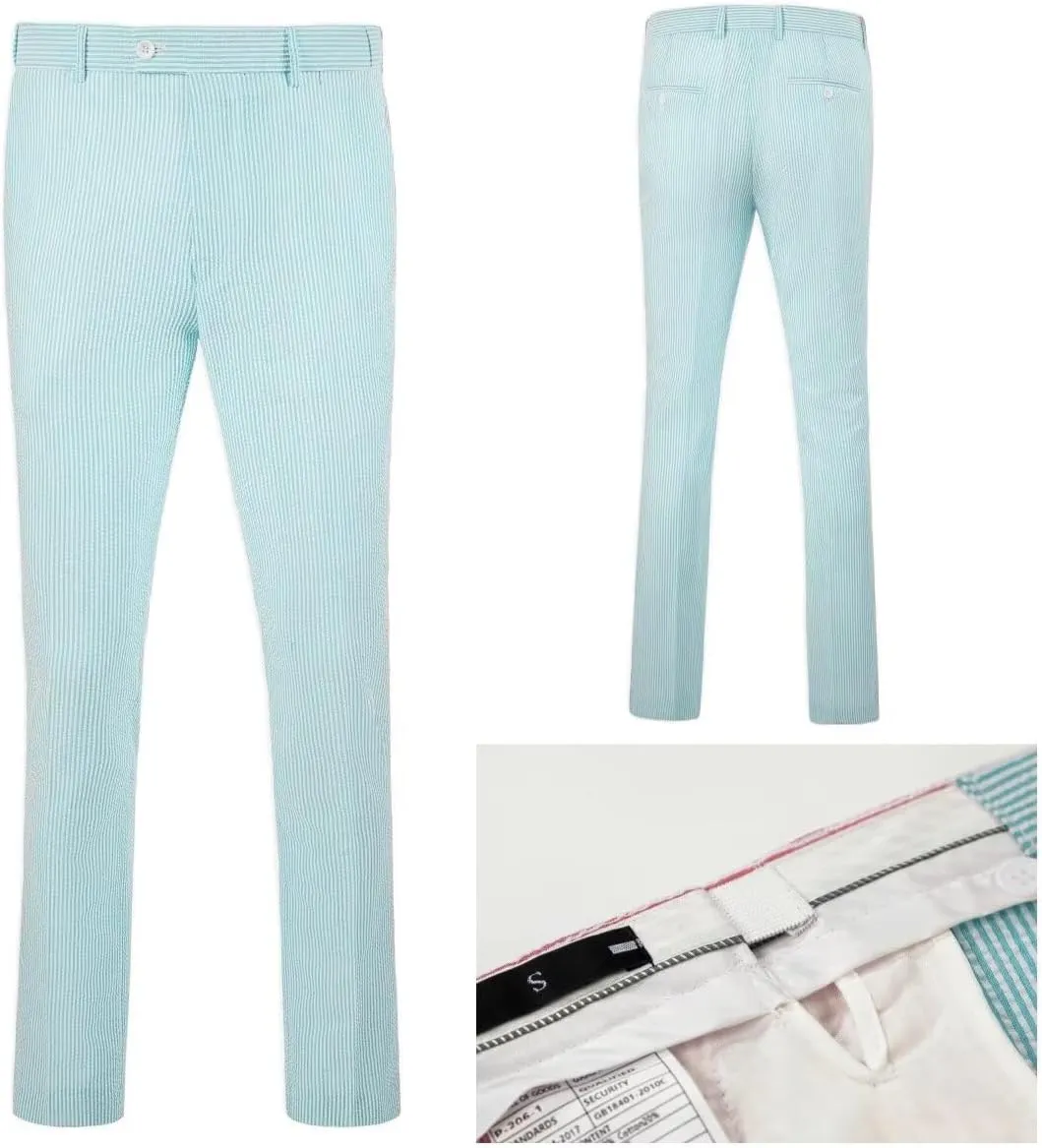 Mens 2 Piece Summer Seersucker Suits Grooms Slim Fit Casual Sear Sucker Suit for Party
