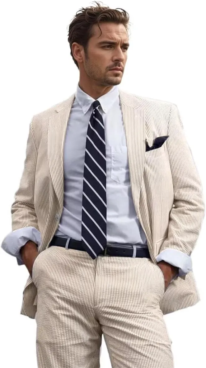 Mens 2 Piece Summer Seersucker Suits Grooms Slim Fit Casual Sear Sucker Suit for Party