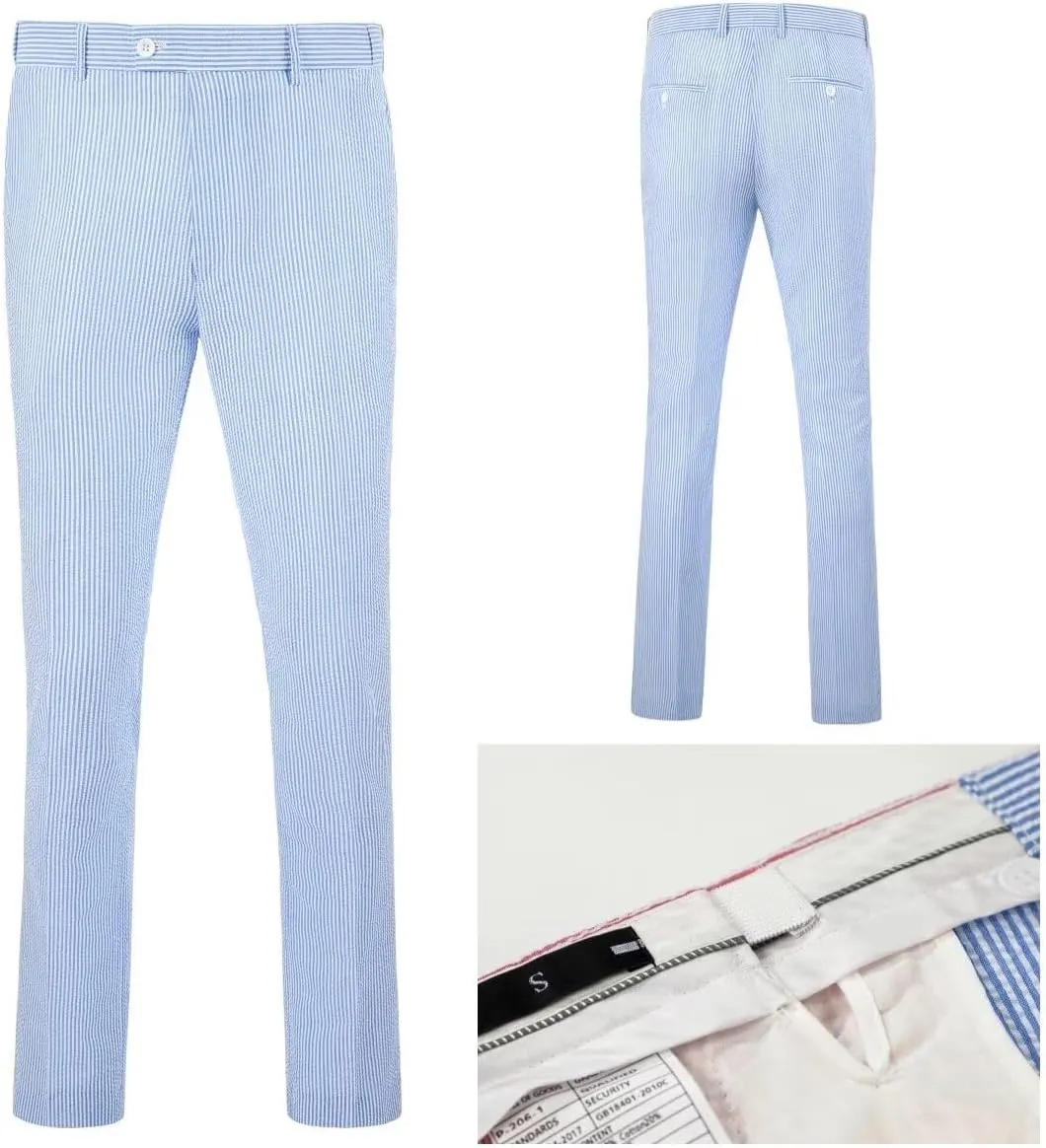 Mens 2 Piece Summer Seersucker Suits Grooms Slim Fit Casual Sear Sucker Suit for Party