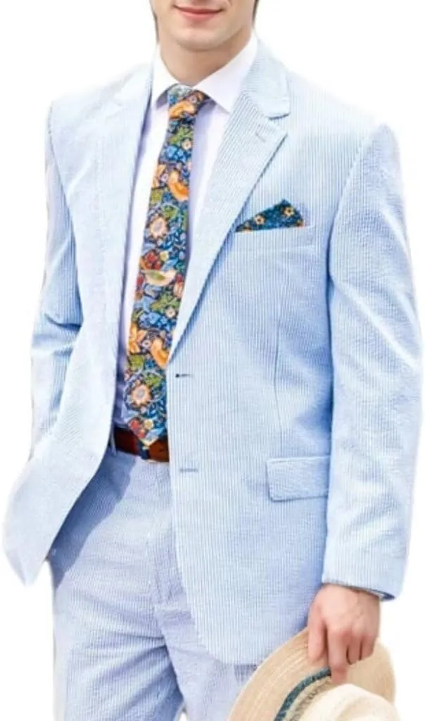 Mens 2 Piece Summer Seersucker Suits Grooms Slim Fit Casual Sear Sucker Suit for Party