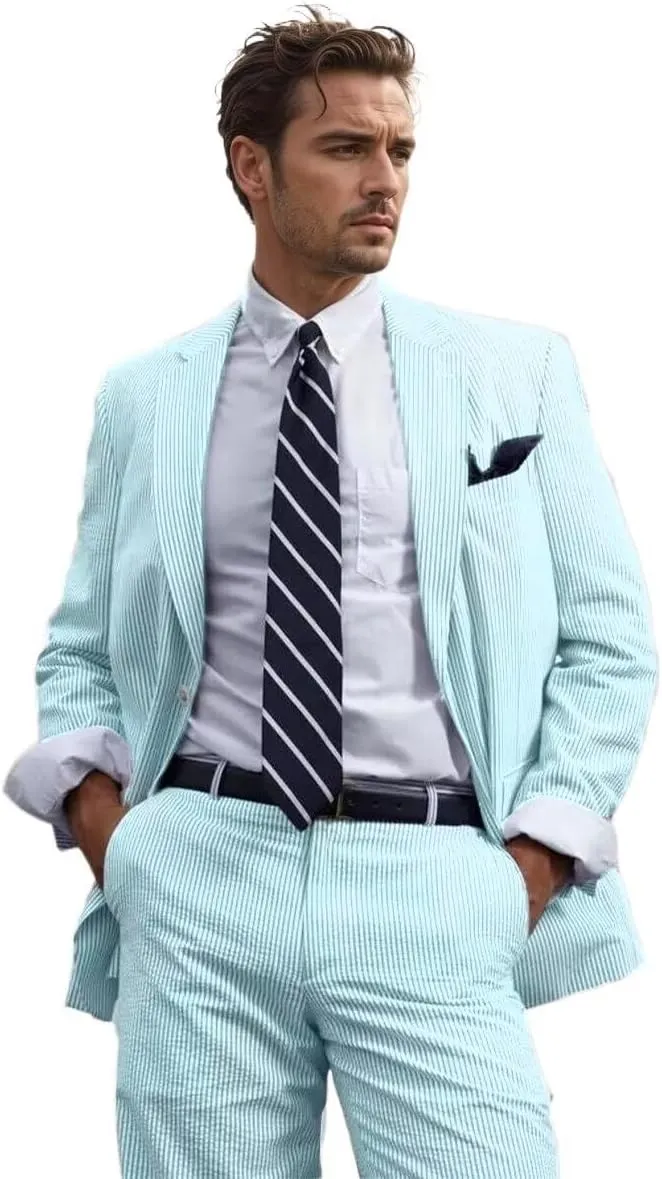 Mens 2 Piece Summer Seersucker Suits Grooms Slim Fit Casual Sear Sucker Suit for Party