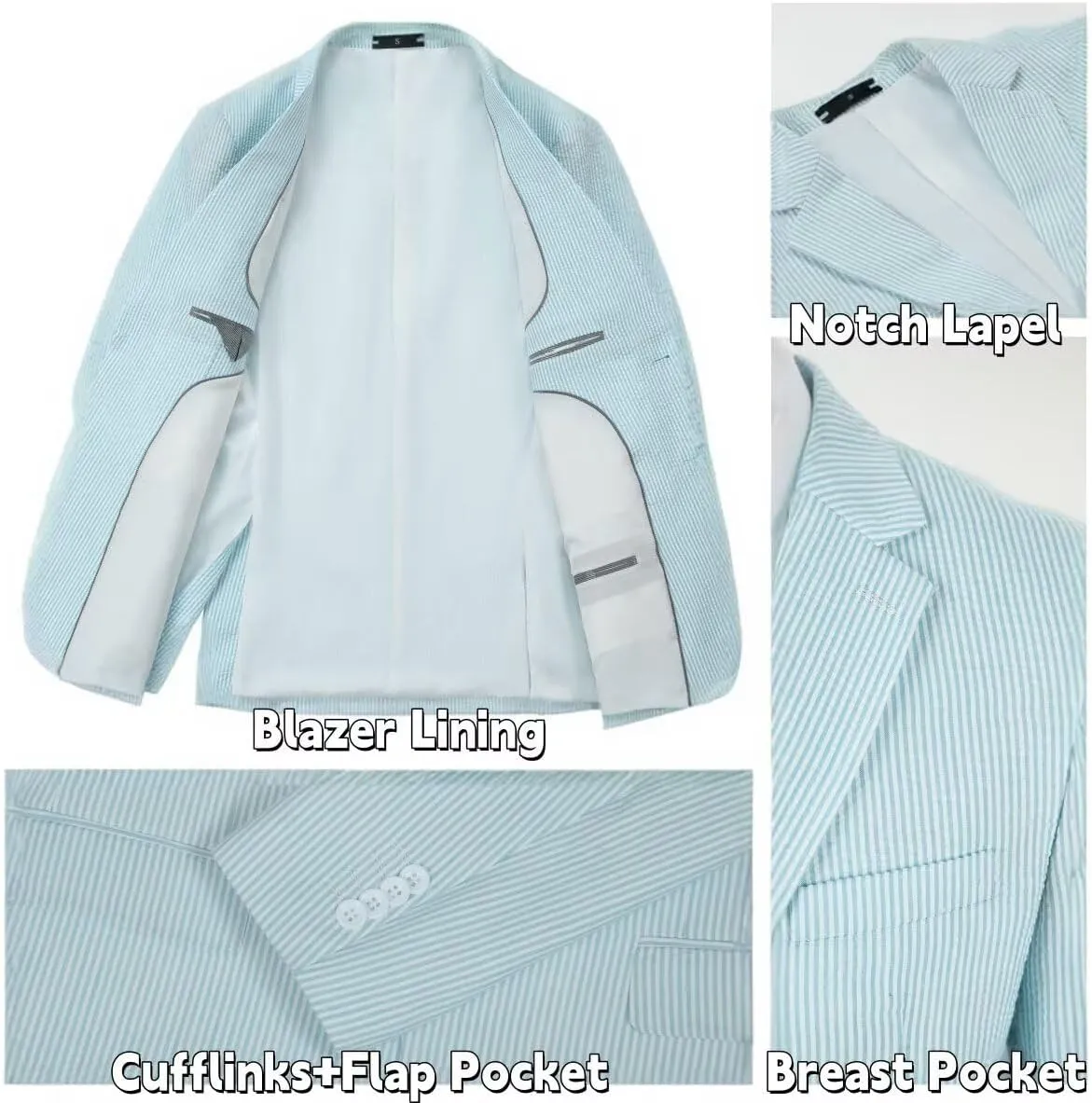 Mens 2 Piece Summer Seersucker Suits Grooms Slim Fit Casual Sear Sucker Suit for Party