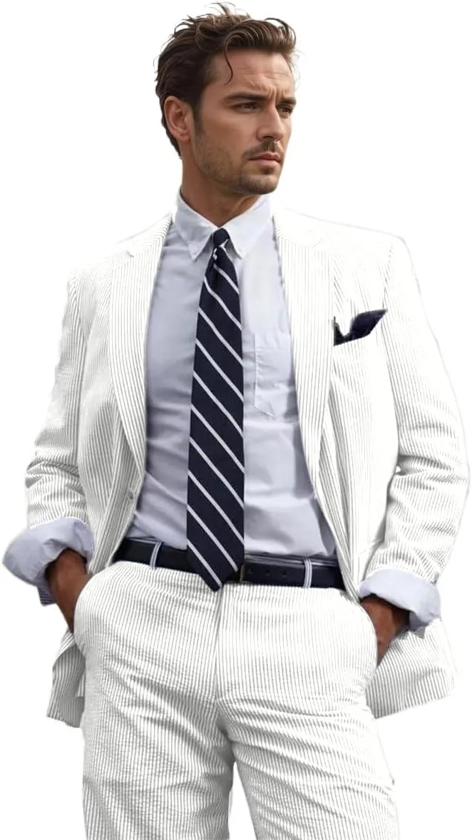 Mens 2 Piece Summer Seersucker Suits Grooms Slim Fit Casual Sear Sucker Suit for Party