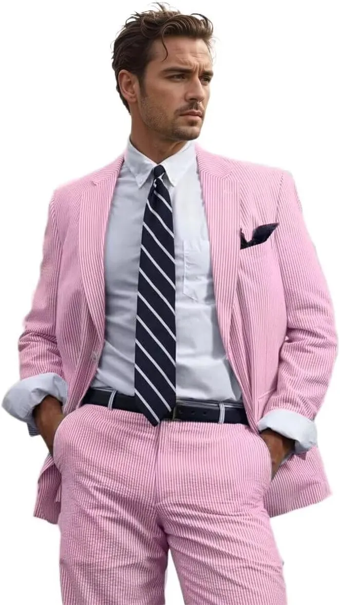 Mens 2 Piece Summer Seersucker Suits Grooms Slim Fit Casual Sear Sucker Suit for Party
