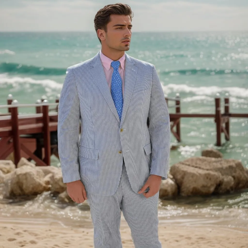 Mens 2 Piece Summer Seersucker Suits Grooms Slim Fit Casual Sear Sucker Suit for Party