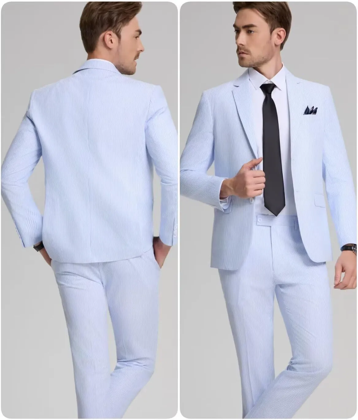 Mens 2 Piece Summer Seersucker Suits Grooms Slim Fit Casual Sear Sucker Suit for Party