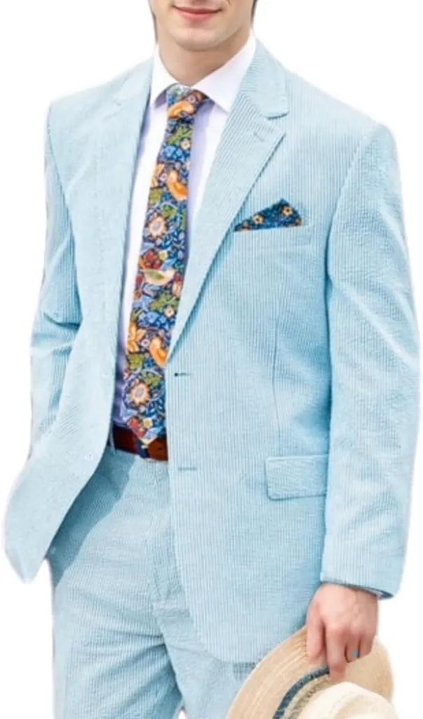 Mens 2 Piece Summer Seersucker Suits Grooms Slim Fit Casual Sear Sucker Suit for Party