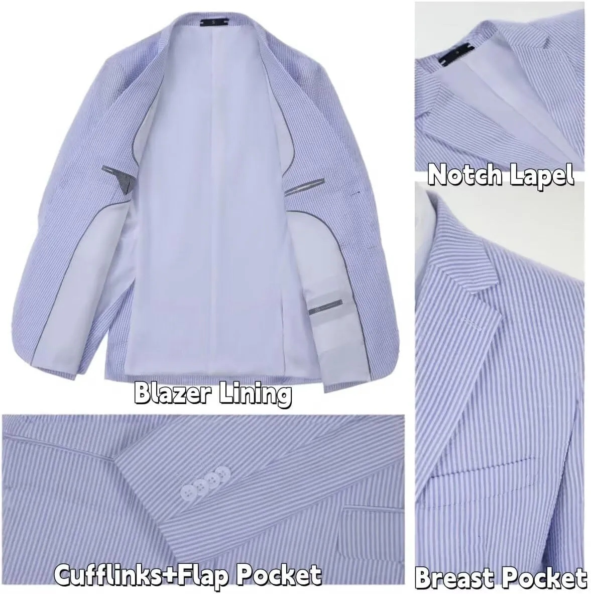 Mens 2 Piece Summer Seersucker Suits Grooms Slim Fit Casual Sear Sucker Suit for Party