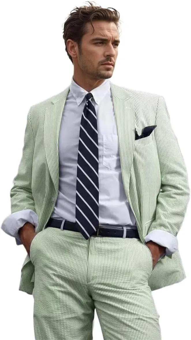 Mens 2 Piece Summer Seersucker Suits Grooms Slim Fit Casual Sear Sucker Suit for Party