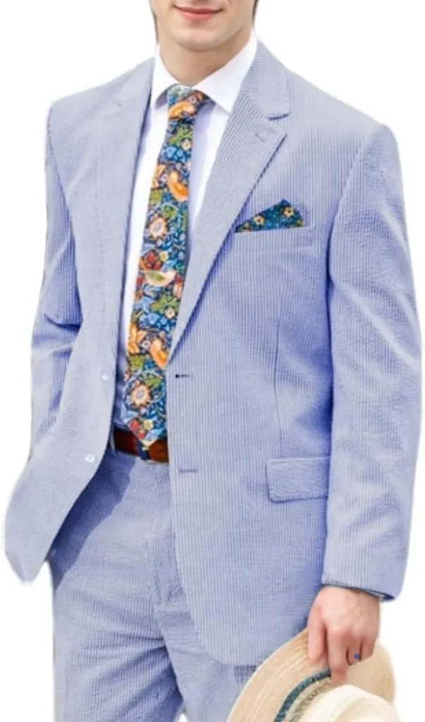 Mens 2 Piece Summer Seersucker Suits Grooms Slim Fit Casual Sear Sucker Suit for Party