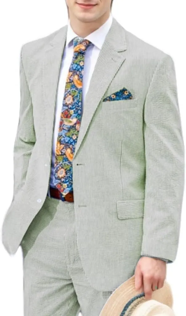 Mens 2 Piece Summer Seersucker Suits Grooms Slim Fit Casual Sear Sucker Suit for Party