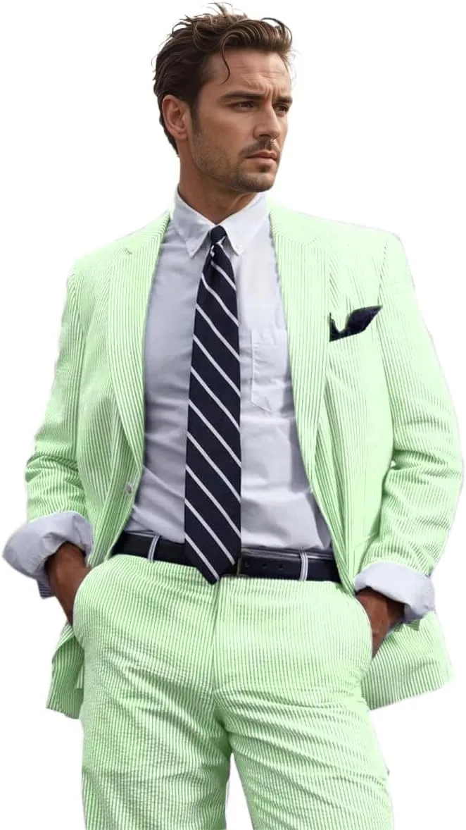 Mens 2 Piece Summer Seersucker Suits Grooms Slim Fit Casual Sear Sucker Suit for Party