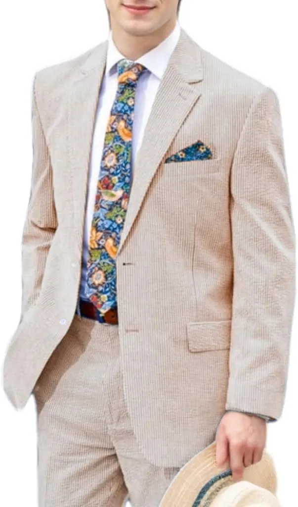 Mens 2 Piece Summer Seersucker Suits Grooms Slim Fit Casual Sear Sucker Suit for Party