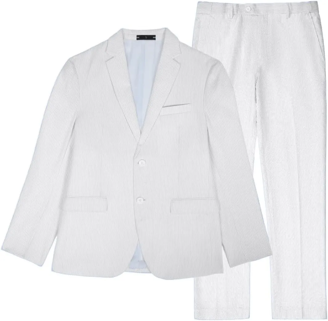 Mens 2 Piece Summer Seersucker Suits Grooms Slim Fit Casual Sear Sucker Suit for Party