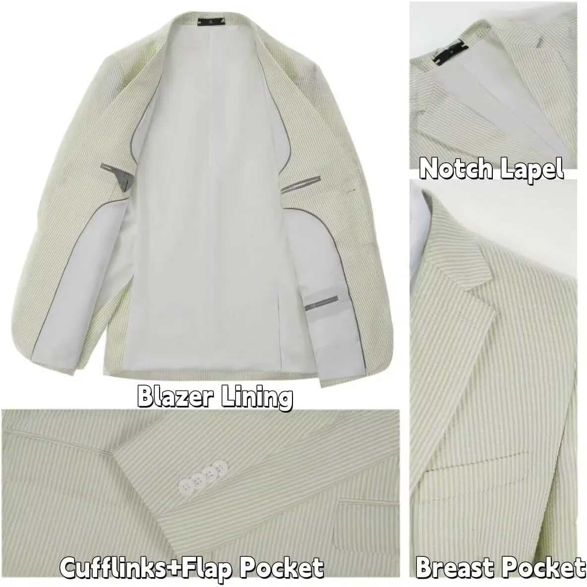 Mens 2 Piece Summer Seersucker Suits Grooms Slim Fit Casual Sear Sucker Suit for Party