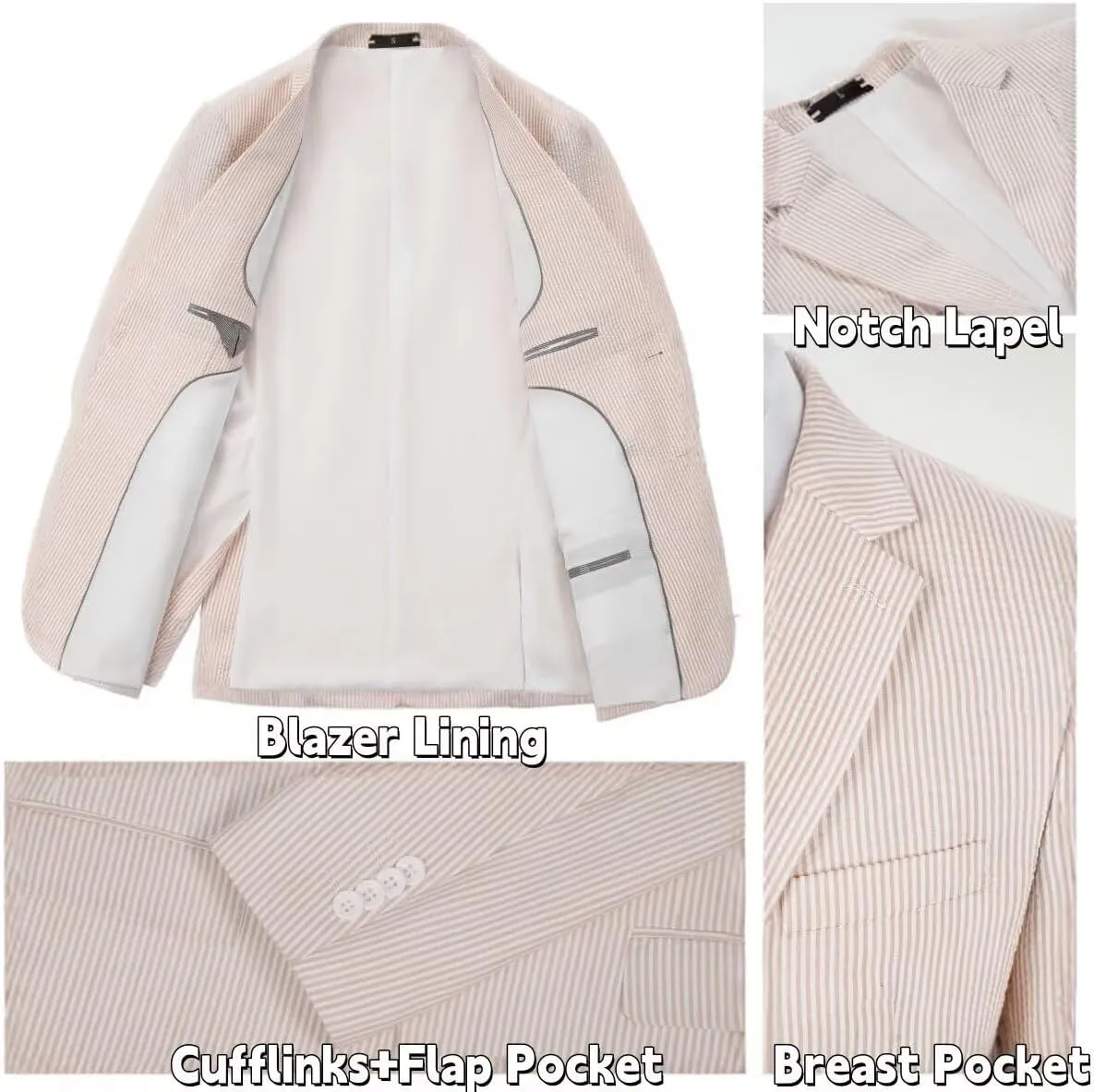 Mens 2 Piece Summer Seersucker Suits Grooms Slim Fit Casual Sear Sucker Suit for Party