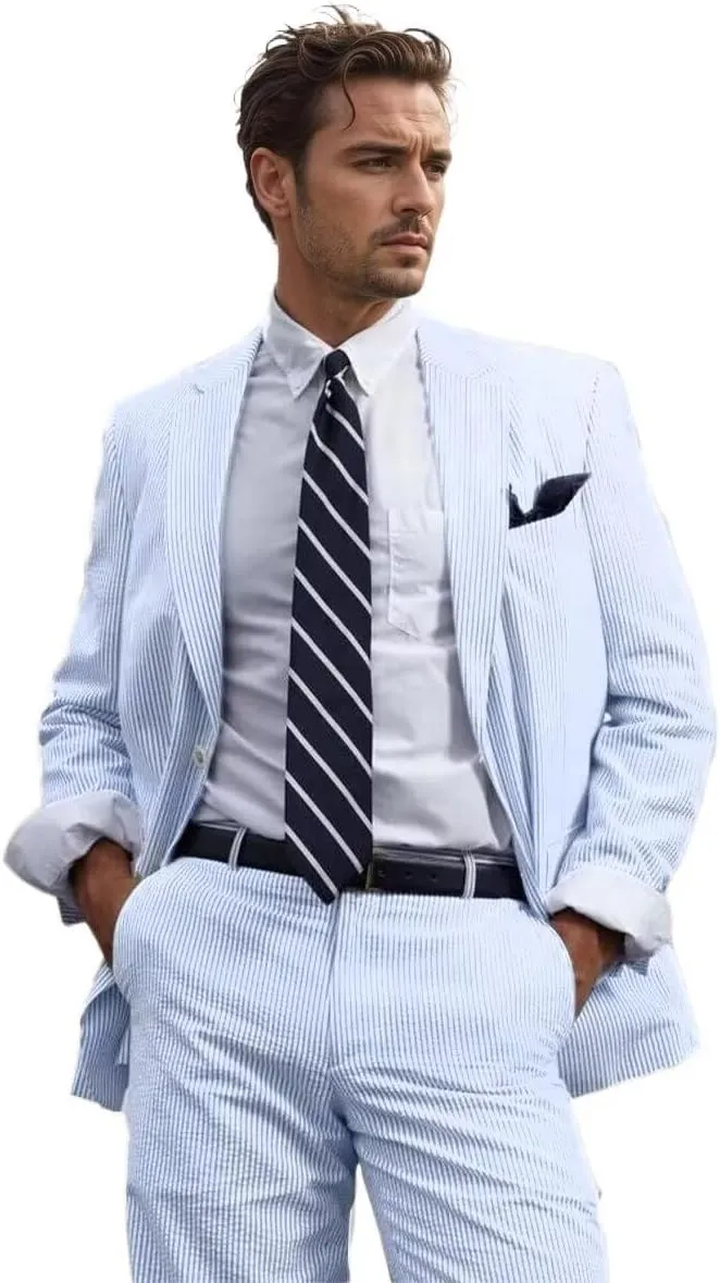 Mens 2 Piece Summer Seersucker Suits Grooms Slim Fit Casual Sear Sucker Suit for Party