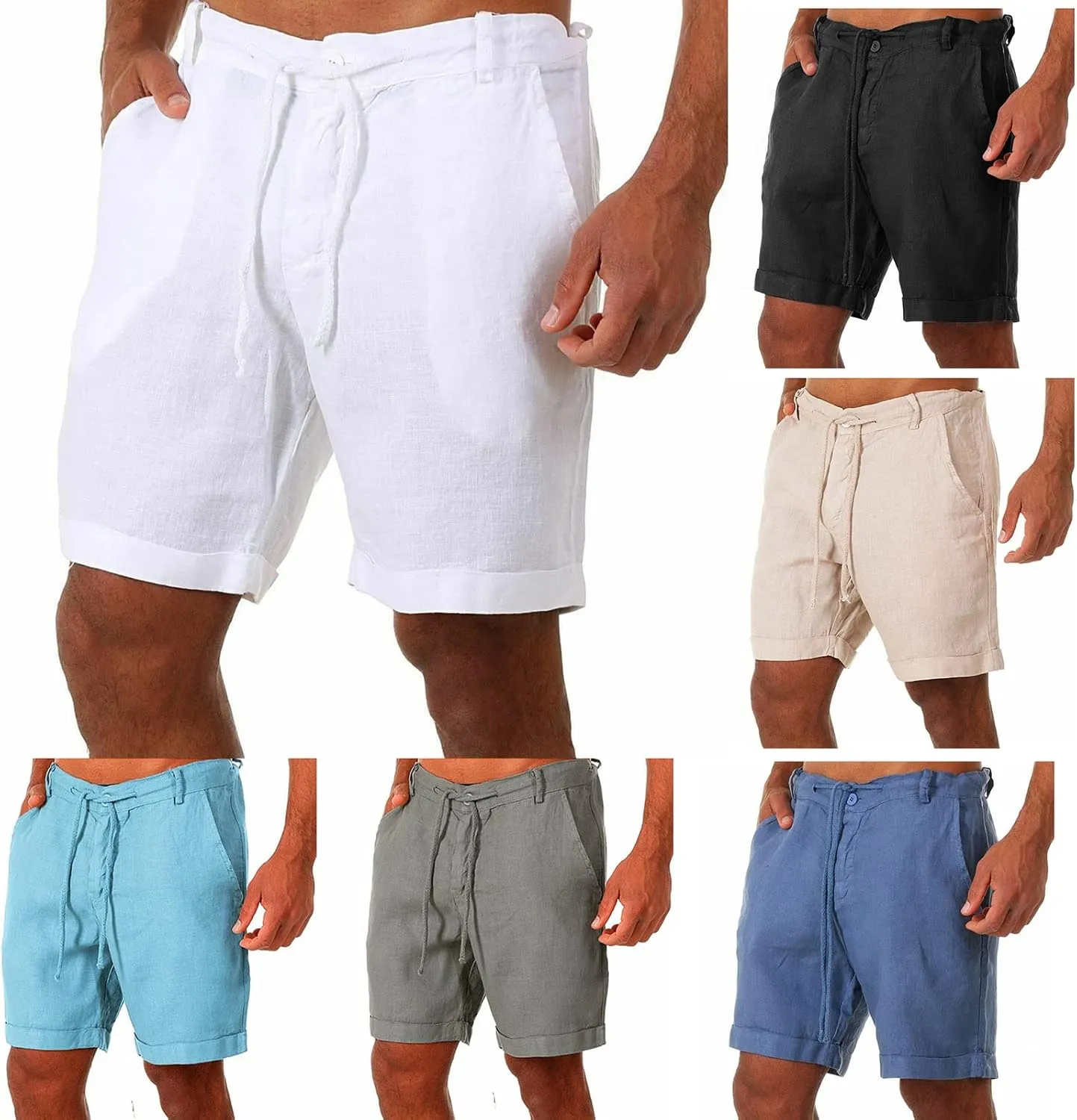 Men's Casual Linen Shorts Lightweight Classic Elastic Waist Shorts Beach Board Summer Slim-Fit Shorts with Pockets