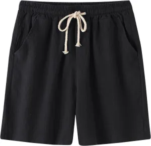 Mens Cotton Linen Shorts Drawstring Elastic Waist Shorts with Pocket Simple Trendy Summer Beach Casual Gym Shorts