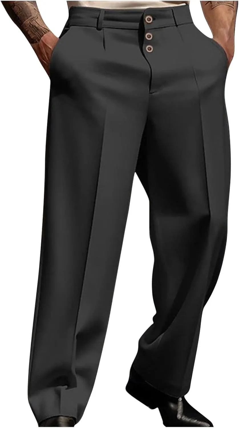 Mens Dress Pants Trendy 3 Button Formal Business Pants Gentleman Work Suit Pants Bridegroom Wedding Guest Party Pants
