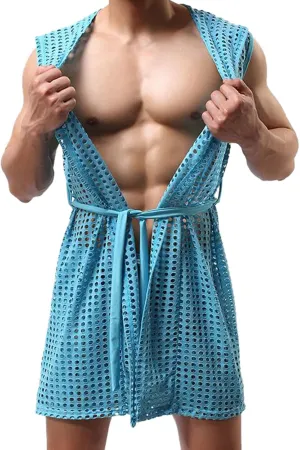 Men's Exotic Hollow Mesh Bathrobe Sexy Cardigan Shawl Top Fashionable Wear for Nights