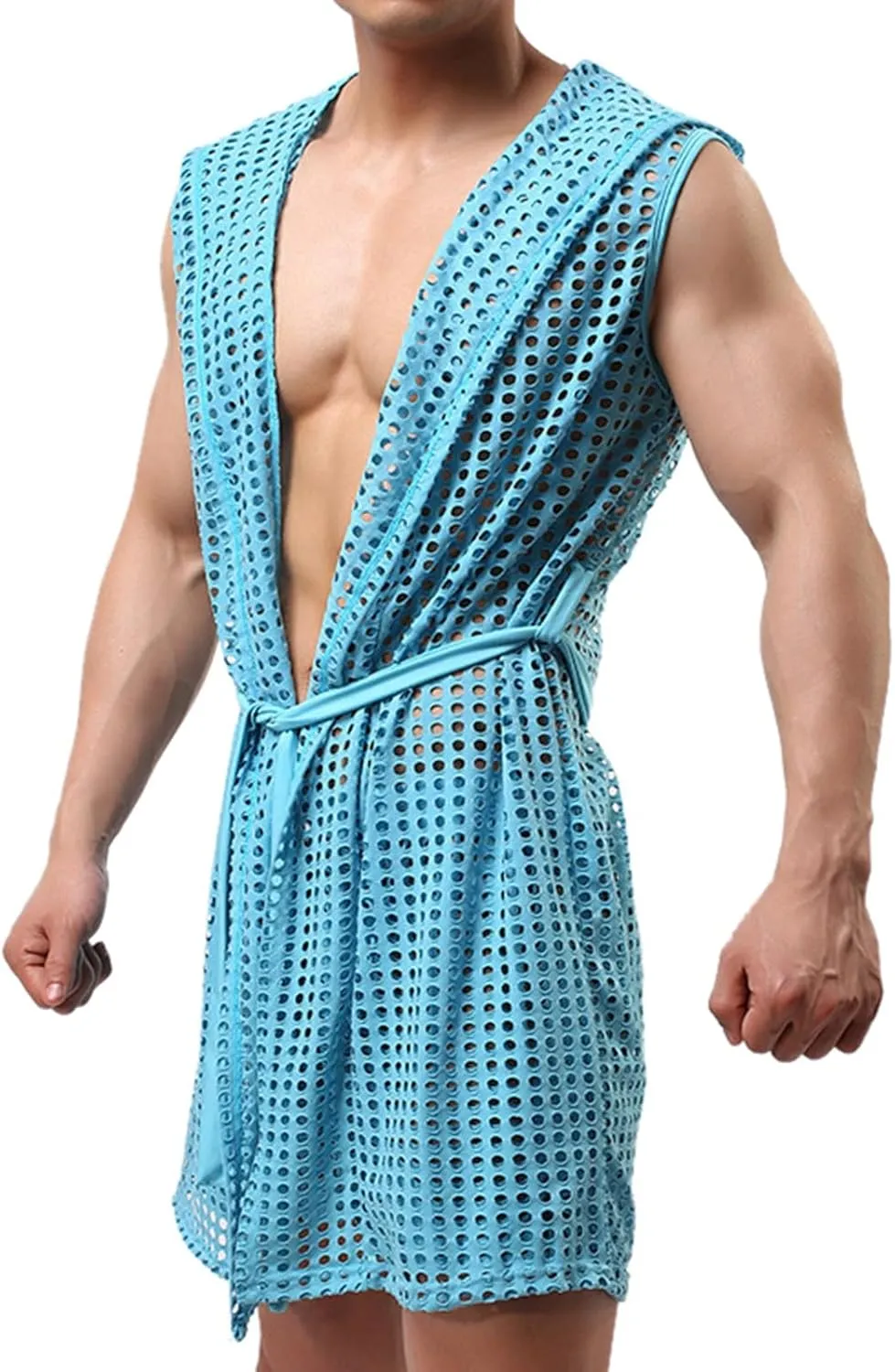 Men's Exotic Hollow Mesh Bathrobe Sexy Cardigan Shawl Top Fashionable Wear for Nights