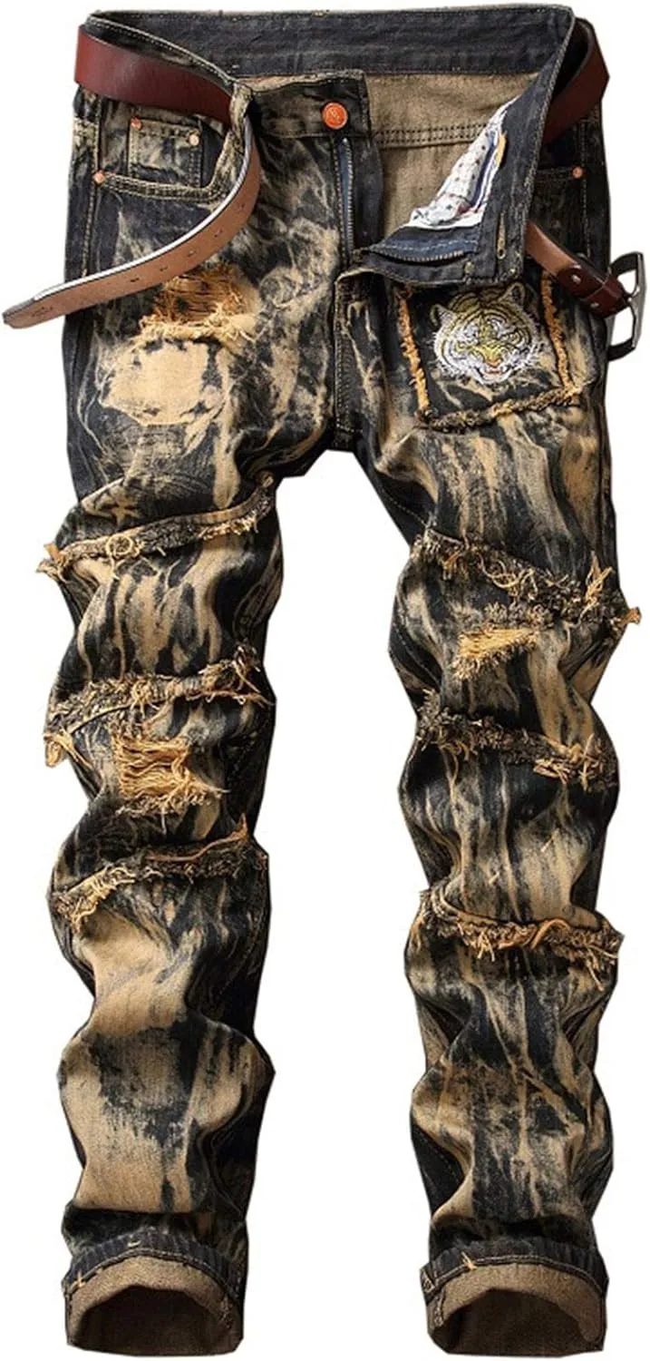 Men's Fashion Ripped Slim Fit Jean Trousers Tiger Print Jeans Animal Embroidery Distressed Straight Leg Denim Pants (34,Yellow)