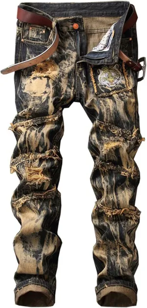 Men's Fashion Ripped Slim Fit Jean Trousers Tiger Print Jeans Animal Embroidery Distressed Straight Leg Denim Pants (34,Yellow)
