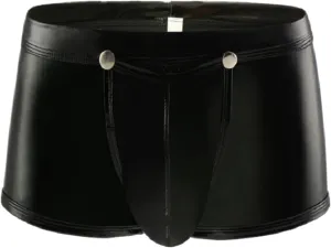Men's Faux Leather Boxer Briefs Underpants Low Waisted Smooth Underwear Shorts Fashion Removable Bulge Pouch Stretchy Panties