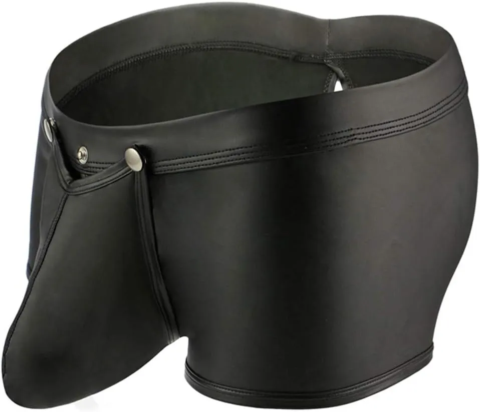 Mens Faux Leather Trunks Underwear Low Waisted Removable Bulge Pouch Boxer Briefs Erotic Hollow Out Underpants Shorts