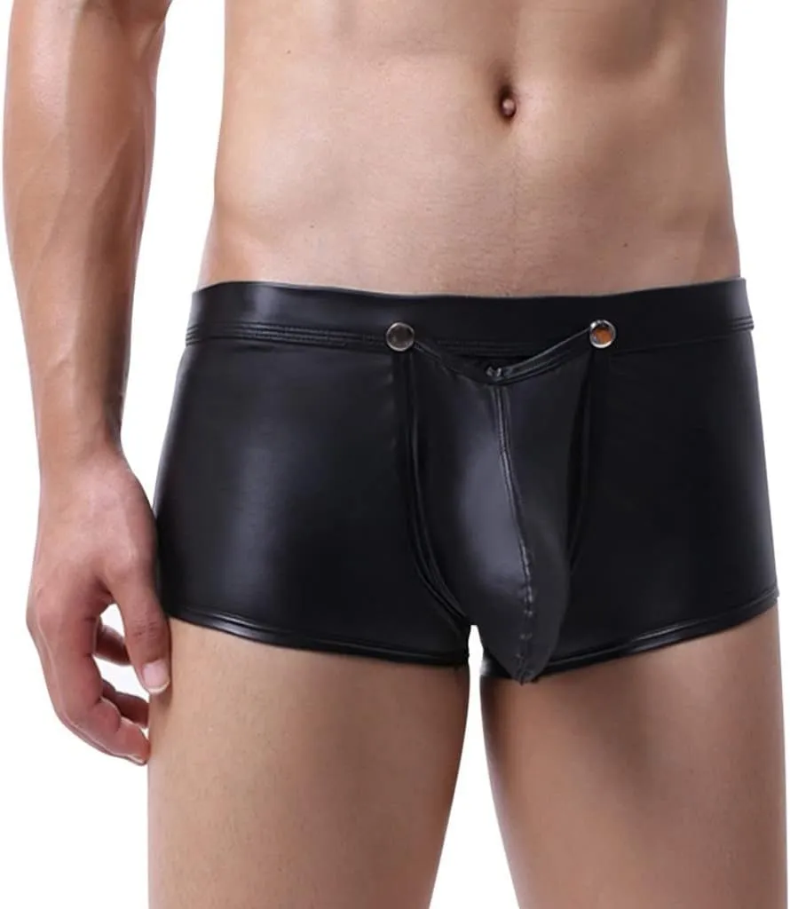 Mens Faux Leather Trunks Underwear Low Waisted Removable Bulge Pouch Boxer Briefs Erotic Hollow Out Underpants Shorts