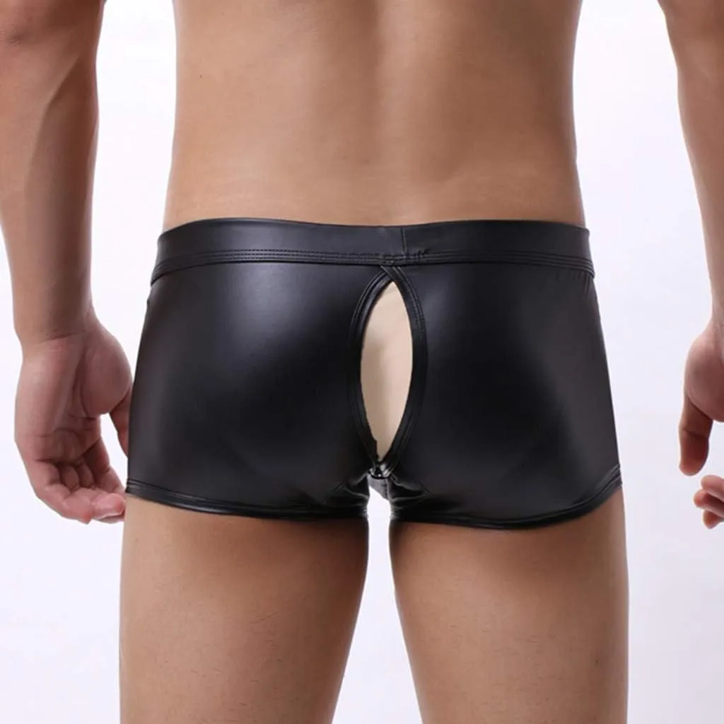 Mens Faux Leather Trunks Underwear Low Waisted Removable Bulge Pouch Boxer Briefs Erotic Hollow Out Underpants Shorts